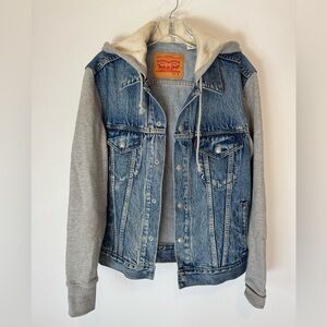 Levi's Blue Denim Jacket with Gray Sweatshirt Hoodie and Sleeves Size Small
